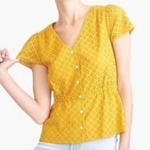 J.crew 4 Mustard Yellow Eyelet Button-Up Short Sleeve‎ Top